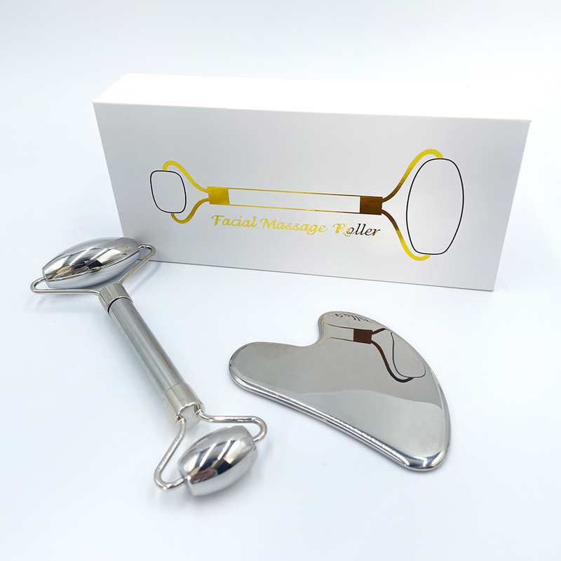 Groene gezicht gezondheidszorg massage roller Gua Sha Tool in 304 roestvrij staal met custom logo